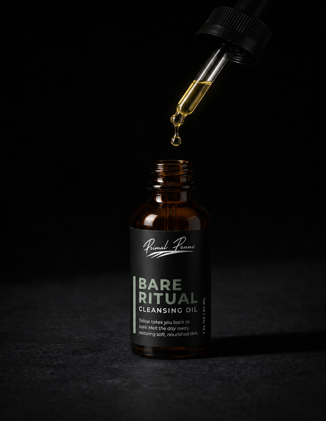 Bottle of 'Bare Ritual Cleansing Oil' with a dropper on a dark background