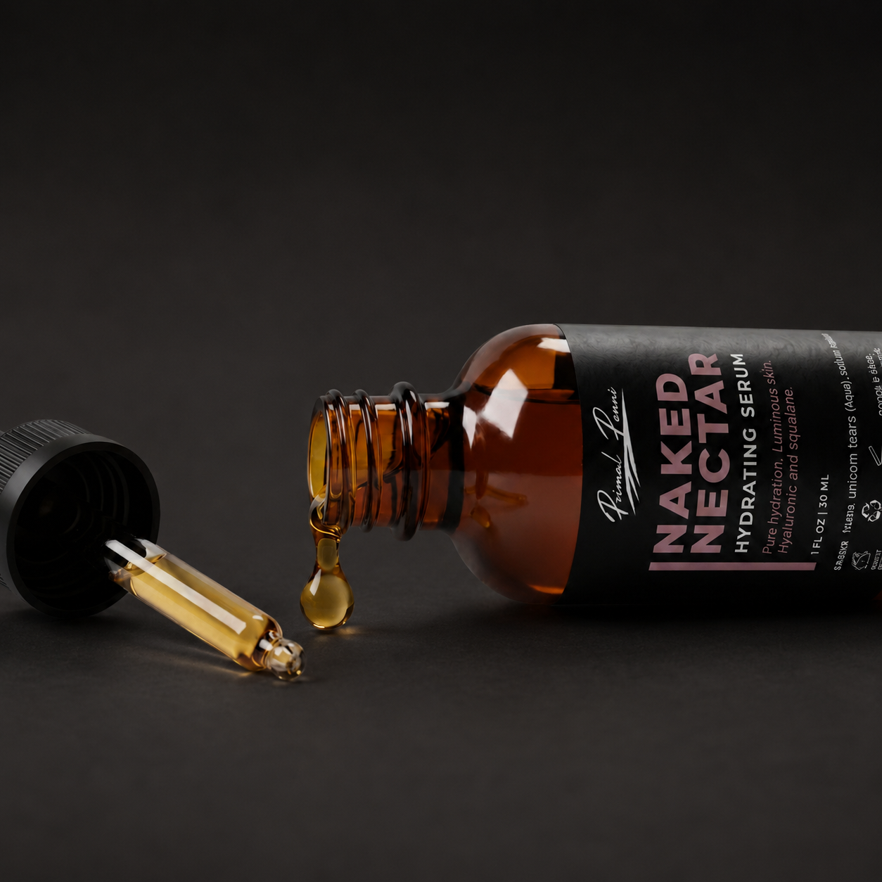 Naked Nectar serum bottle with dropper on a dark background