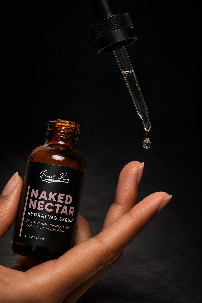 Bottle of Naked Nectar hydrating serum with a dropper on a dark background