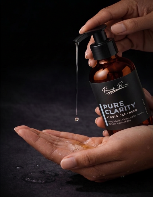 Bottle of 'Pure Clarity' liquid cleanser being poured onto a hand against a dark background