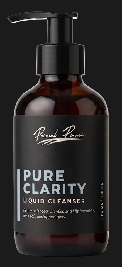 Two bottles of 'Pure Clarity' liquid cleanser with black labels on a white background.