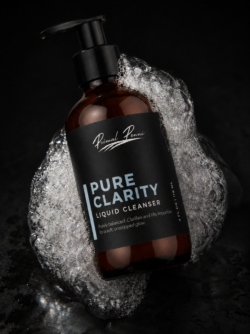Brown bottle of 'Pure Clarity' liquid cleanser with a black label on a dark background