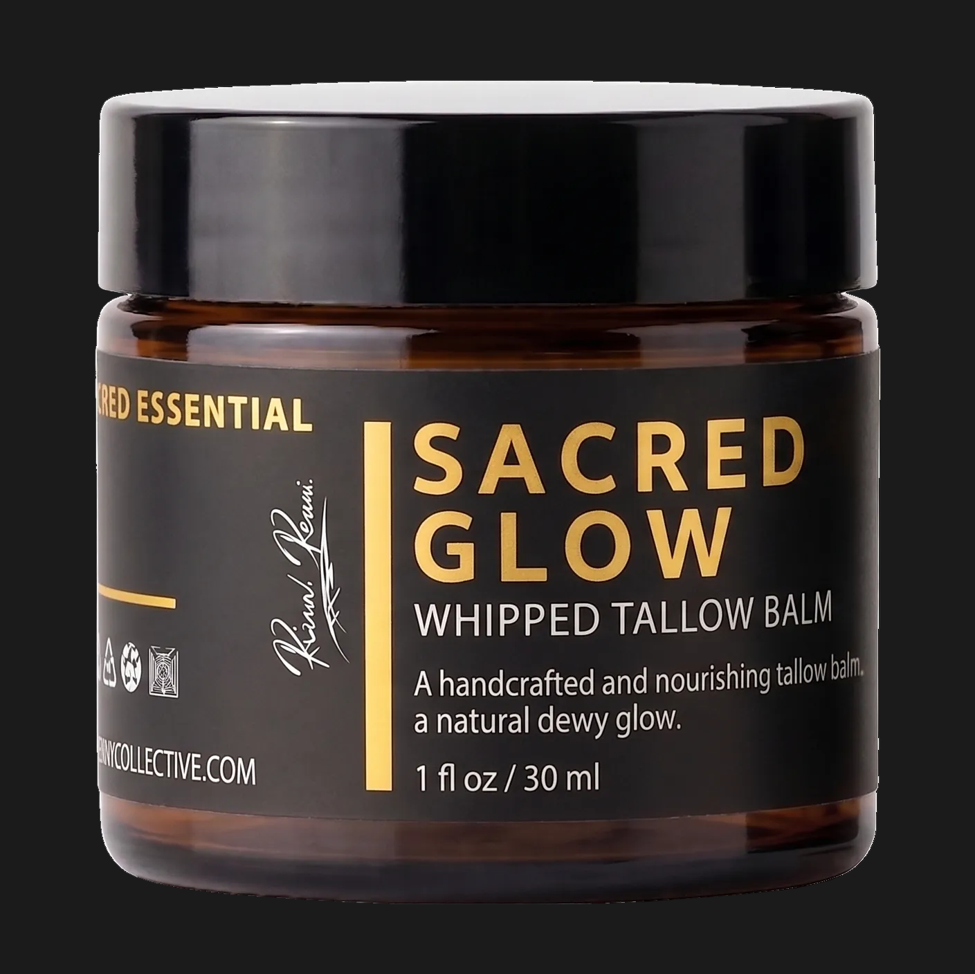 Two jars of 'Sacred Glow' whipped tallow balm with black lids on a white background.
